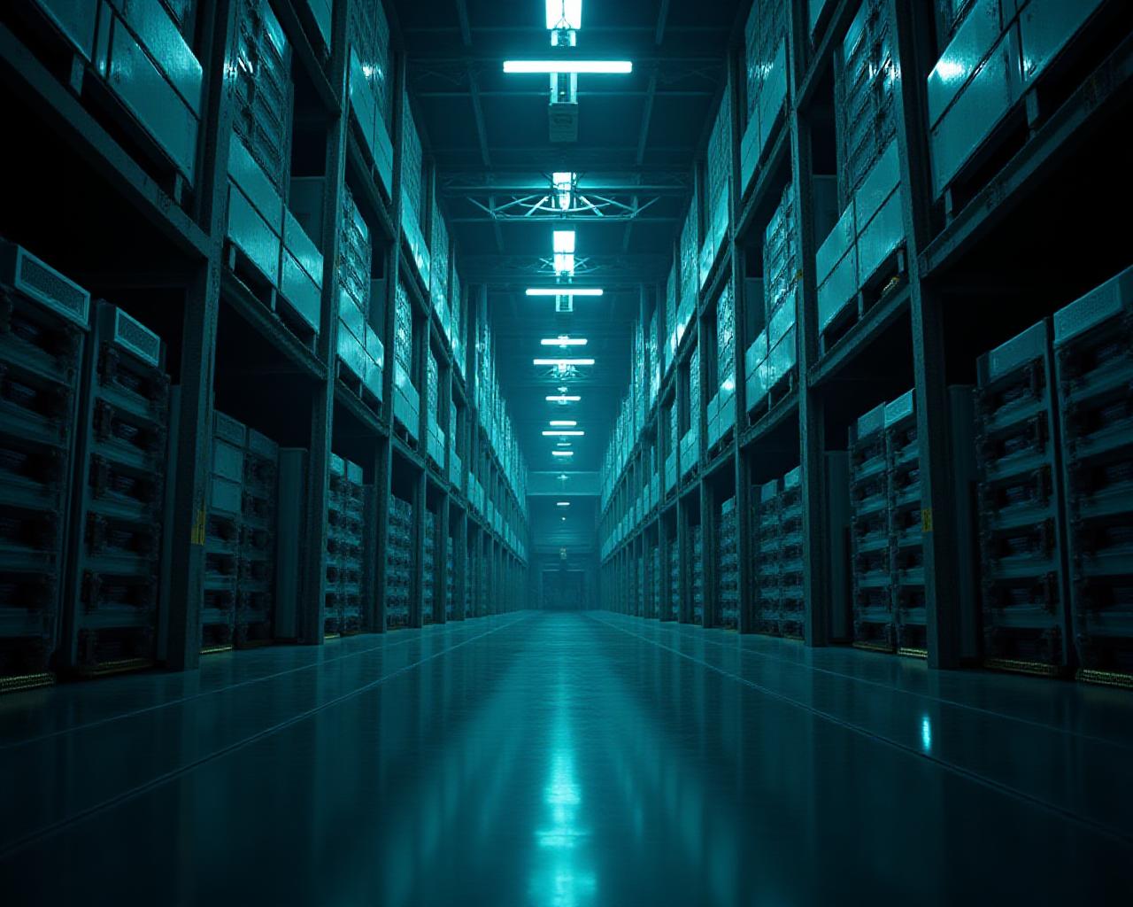 Deep blue futuristic warehouse with automated shelving units
