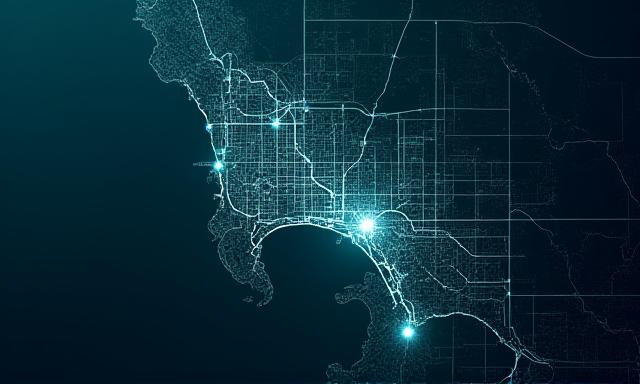Topographical map of San Diego highlighting logistics corridors